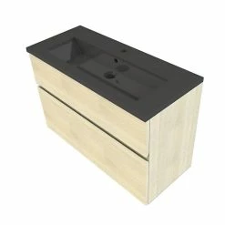 Castorama Meuble Sous Vasque Faible Profondeur à Suspendre Calao Aspect Chêne Naturel 90 Cm + Plan Vasque En Résine Noir