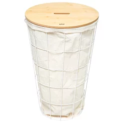 Castorama Panier à Linge Five Modern 42 Litres En Polyester Cadre En Fer Et Couvercle En Bois MDF Coloris Blanc Ø38,5 X H.57 Cm